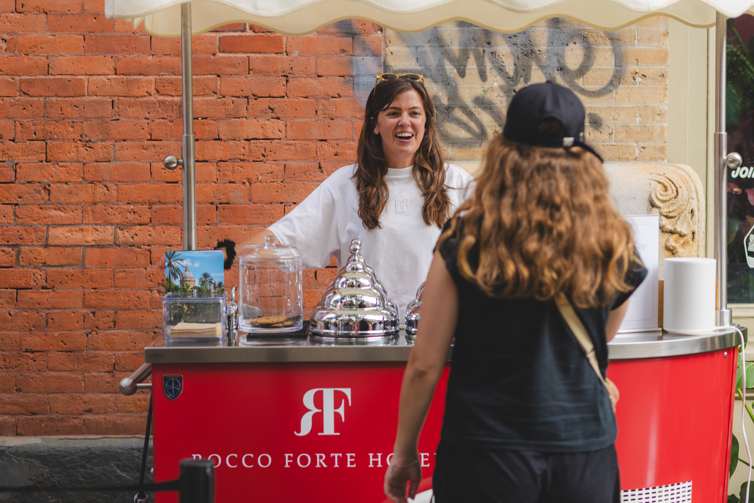 Rocco Forte service cart, brick wall — NYC